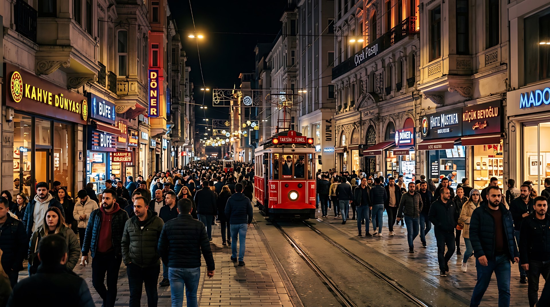 Menschenmenge am Abend auf der İstiklal-Straße in Istanbul mit einer roten historischen Straßenbahn